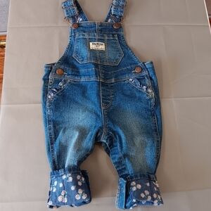 Oshkosh Girls Infant Denim Flowers Floral Print Overalls Size 6m Turn Cuff Legs